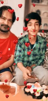 Family sitting together with heart illustrations in a festive atmosphere.