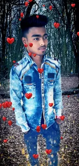 Fashionable man in denim amidst heart graphics in a mystical forest setting.