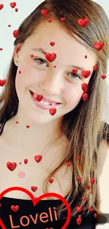 Mobile wallpaper with red hearts surrounding a smiling girl.