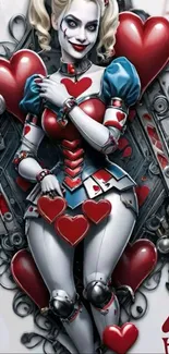 Gothic artwork with red hearts and robotic details for mobile wallpaper.