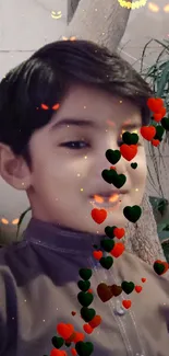 Child's portrait with floating hearts overlay.