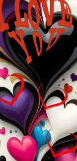 Colorful heart-themed wallpaper with I Love You text.