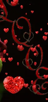 Romantic wallpaper with red hearts and a rose on black background.