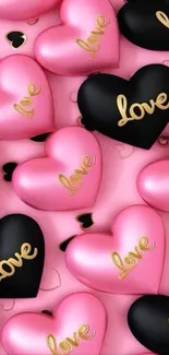 Pink and black 3D hearts with love text design.