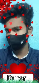 Masked person with red hearts on blue background.