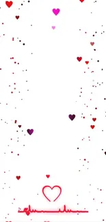 Mobile wallpaper with red and pink hearts on a white background.