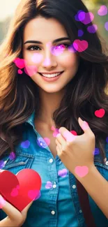 Smiling woman with hearts on mobile wallpaper, blue shirt.