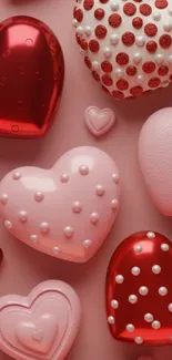 Heart-themed mobile wallpaper with red and pink designs.