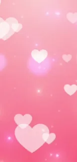 Heart-themed mobile wallpaper with pink background and glowing hearts.