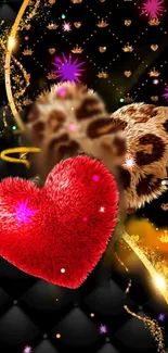 Colorful mobile wallpaper with red and leopard print hearts.