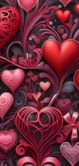 Heart-themed mobile wallpaper with red and pink designs.
