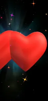 Two glowing red hearts on a starry backdrop.