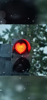 Heart-shaped red traffic light against blurred urban background.