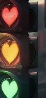 Traffic light with heart symbols glowing in red, yellow, and green.