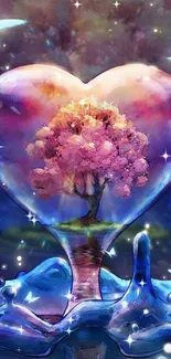 Heart-shaped bubble with tree inside, surrounded by butterflies and mystical water.