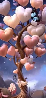 Fantasy wallpaper with heart-shaped tree and butterflies under a starry sky.