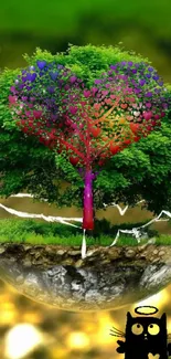 Colorful heart-shaped tree with cat in a mystical forest.