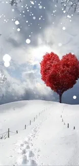 Heart-shaped red tree in snowy landscape with cloudy sky.