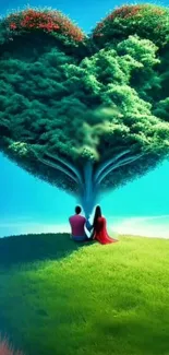 Couple under a heart-shaped tree with turquoise sky.