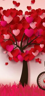 Romantic tree of red hearts with bicycle artwork.