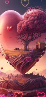 Heart-shaped tree with landscape in pink hues, perfect mobile wallpaper.