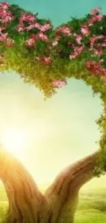 Heart-shaped tree with vibrant green and pink flowers in a serene landscape.