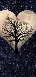 Heart-shaped moon with tree silhouette on a starry, dark blue background.