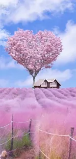 Wallpaper of a heart-shaped tree in a pink landscape with a cottage.