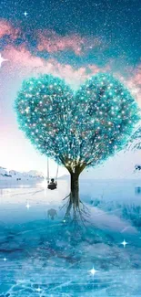 Heart-shaped tree under a starry galaxy and snowy mountains.