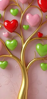 Colorful heart tree on golden branches wallpaper.