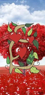 Artistic wallpaper with a heart-shaped tree and vibrant red colors.