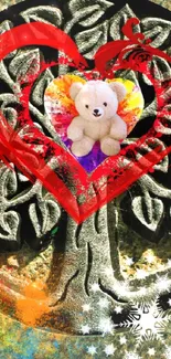 Artistic heart tree with teddy bear design on mobile wallpaper.