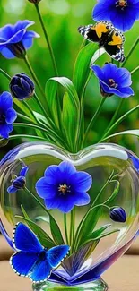 Heart-shaped vase with blue flowers and butterflies.