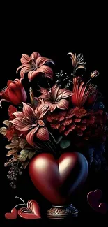 Heart-shaped vase with vibrant flowers on dark background.