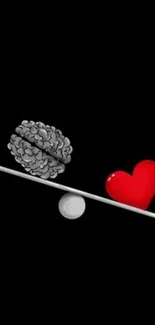 Minimalist wallpaper showing a brain and heart on a seesaw against a black background.