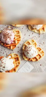 Heart-shaped waffles topped with ice cream scoops.