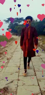 Person walking on path with hearts floating around.