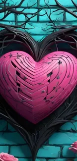 Cracked pink heart on teal brick background with roses.