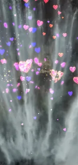 Waterfall with pink and purple floating hearts.