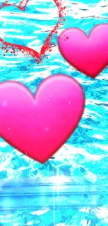 Mobile wallpaper with pink hearts over blue ocean waves.