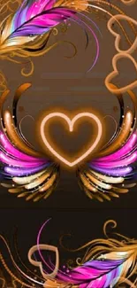 Neon heart with colorful wings on a stylish mobile wallpaper.