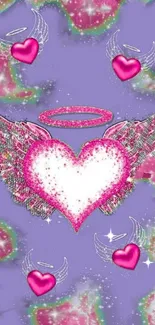 Purple background wallpaper with pink heart wings and angelic halo.