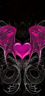 Glowing pink heart with wings on dark background wallpaper.