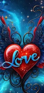 Red heart with wings and love text on a starry background.