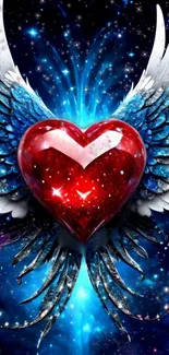 Red heart with blue angel wings on a cosmic background.