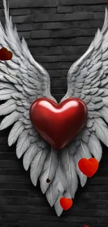 Heart with angel wings against a dark background.