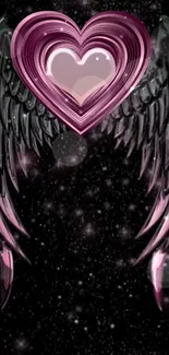 Pink heart with angel wings against a cosmic starry background.