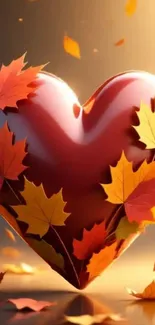 Heart shaped design with autumn leaves, vibrant colors.
