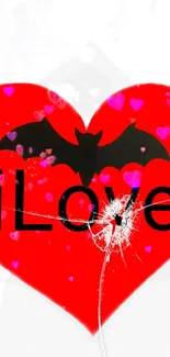 Vibrant heart and bat themed phone wallpaper with red and black colors.