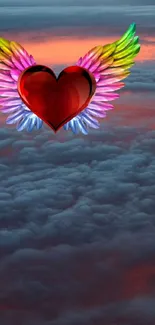 Heart with colorful wings against a cloudy sky background.